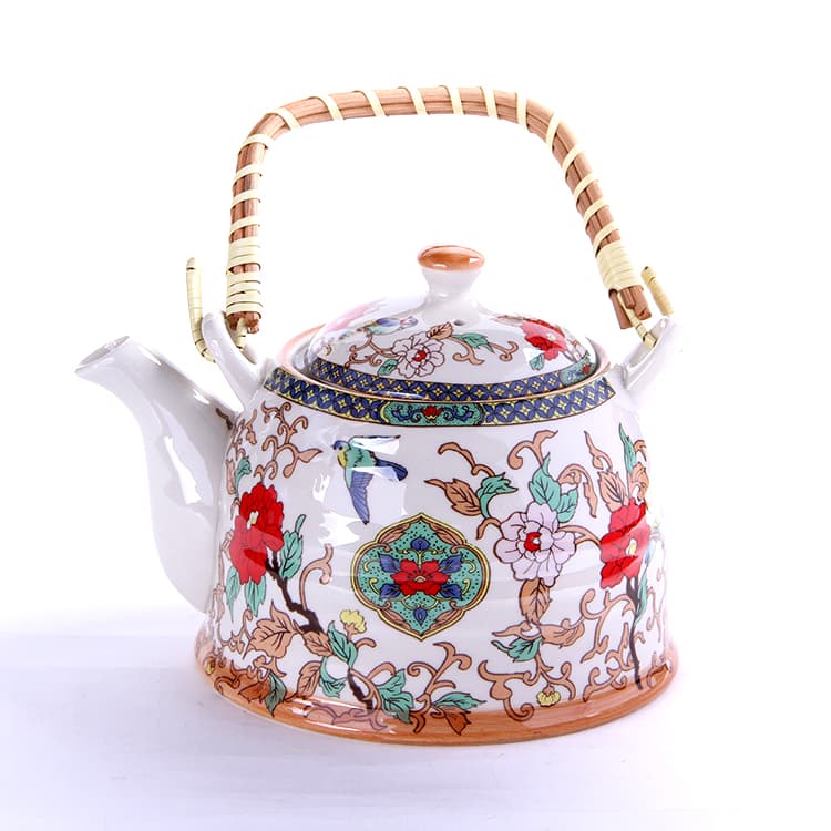 Rattan-Handle Ceramic Teapot